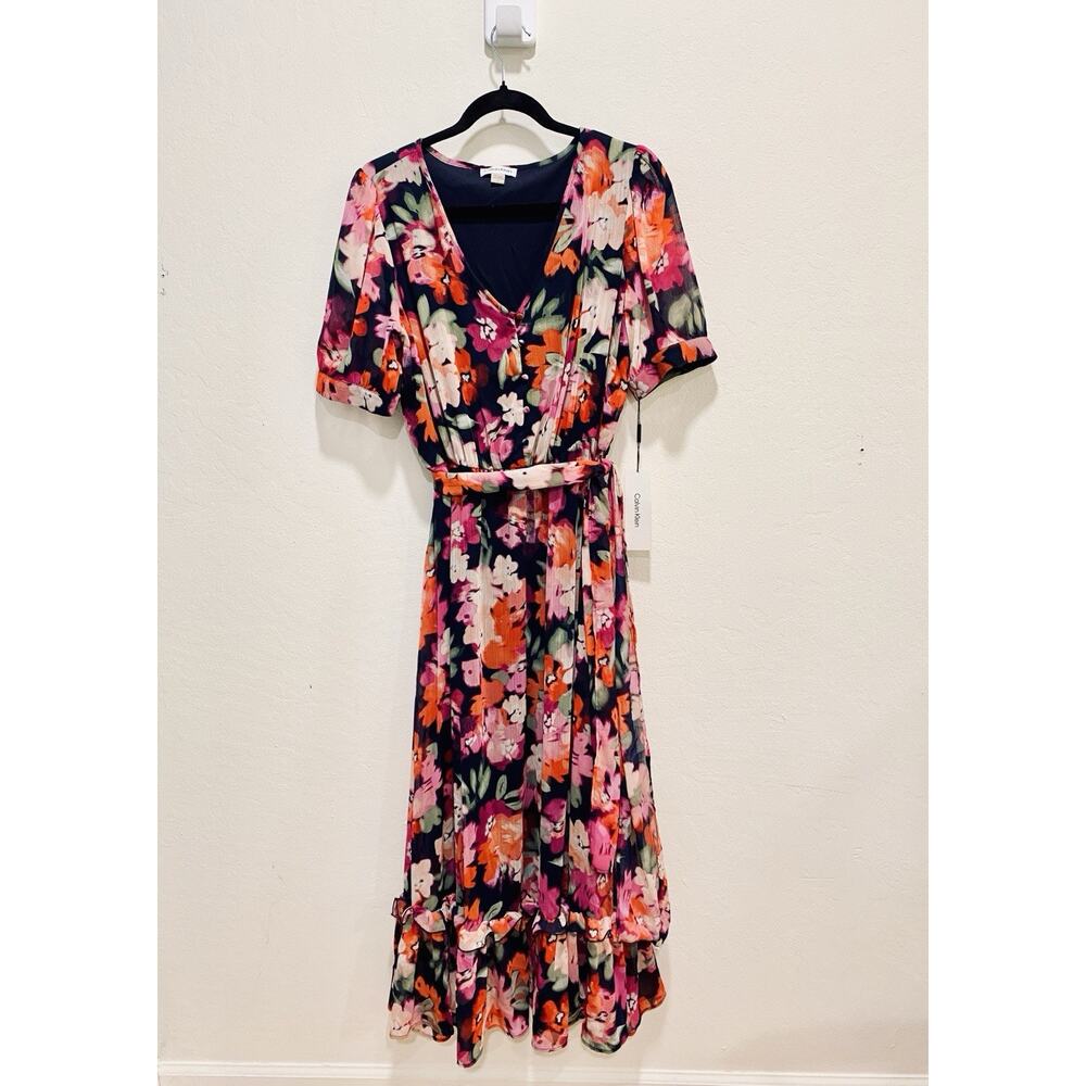 Calvin Klein Womens 12 Navy Floral Maxi Dress Ruffle Wedding Guest Romantic